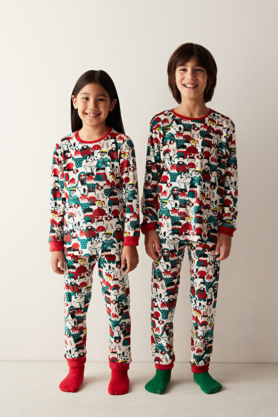 Unisex Çocuk Desenli Kırık Beyaz Pijama Takımı - 1