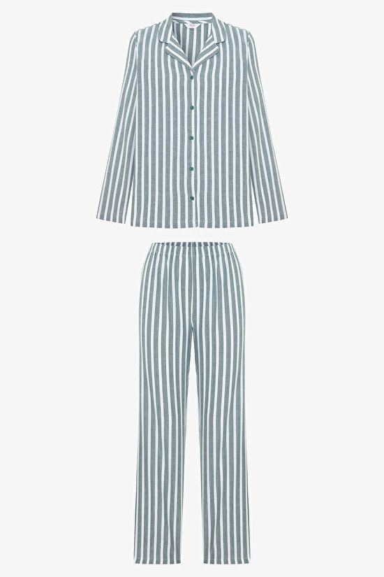 Koyu Yeşil Lazy Morning Çizgili Pamuklu Gömlek Yaka Pijama Takımı - 1