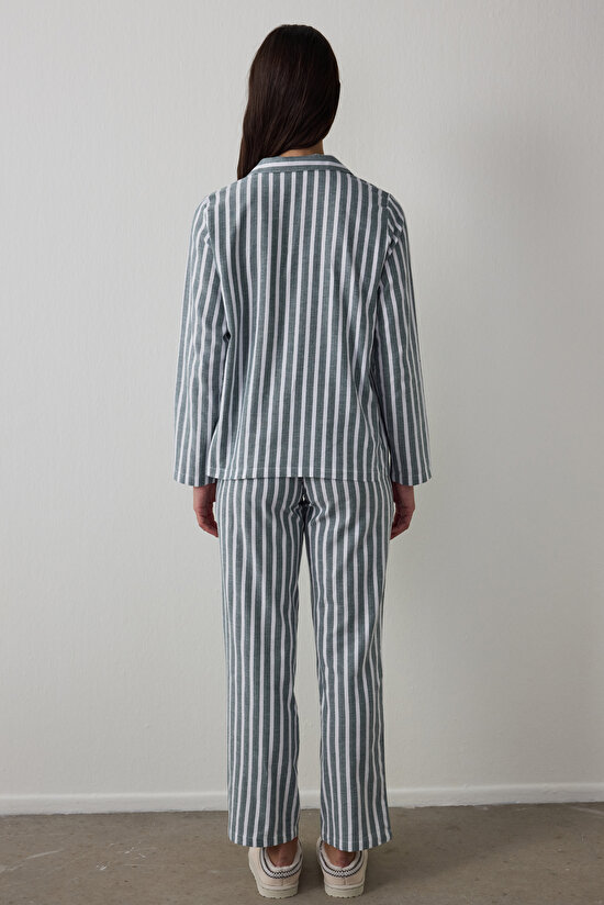 Koyu Yeşil Lazy Morning Çizgili Pamuklu Gömlek Yaka Pijama Takımı - 4