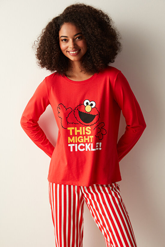 Tickle Slogan Baskılı Çizgili Kırmızı Pijama Takımı - 1