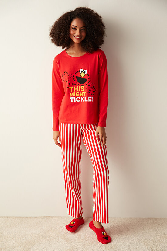 Tickle Slogan Baskılı Çizgili Kırmızı Pijama Takımı - 2