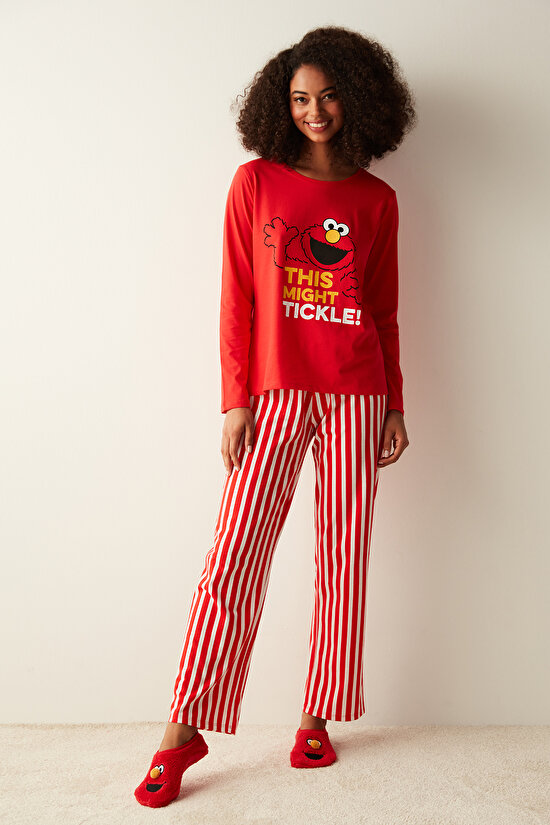 Tickle Slogan Baskılı Çizgili Kırmızı Pijama Takımı - 3