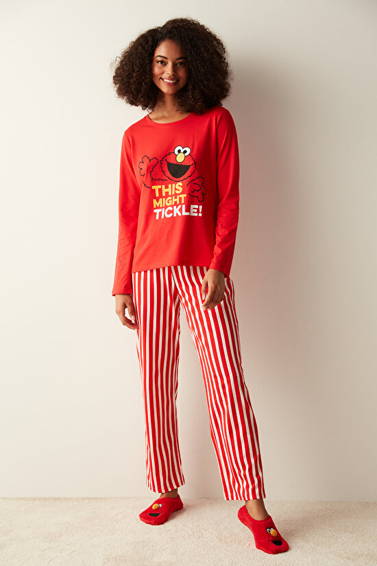 Tickle Slogan Baskılı Çizgili Kırmızı Pijama Takımı - 4