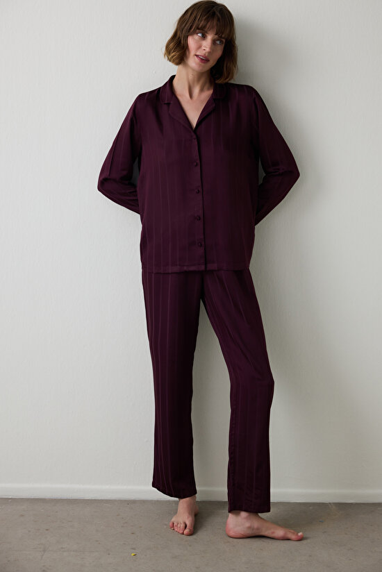 Bordo Çizgili Saten Gömlek Yaka Pijama Takımı - 1