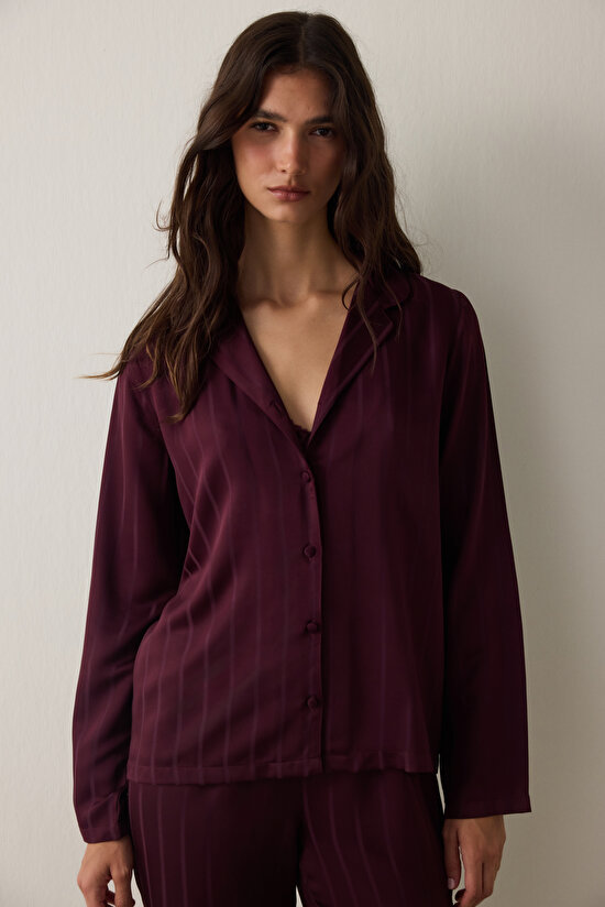 Bordo Çizgili Saten Gömlek Yaka Pijama Takımı Bordo Çizgili Saten Gömlek Yaka Pijama Takımı - 5