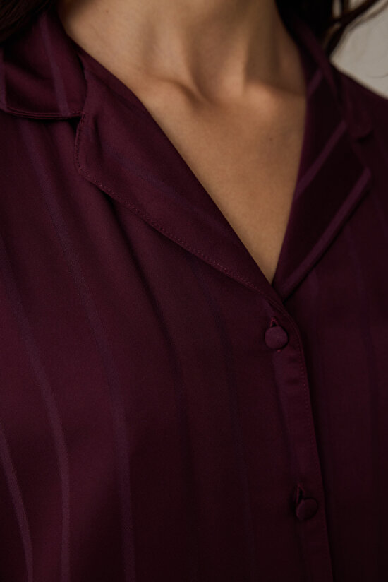 Bordo Çizgili Saten Gömlek Yaka Pijama Takımı Bordo Çizgili Saten Gömlek Yaka Pijama Takımı - 6