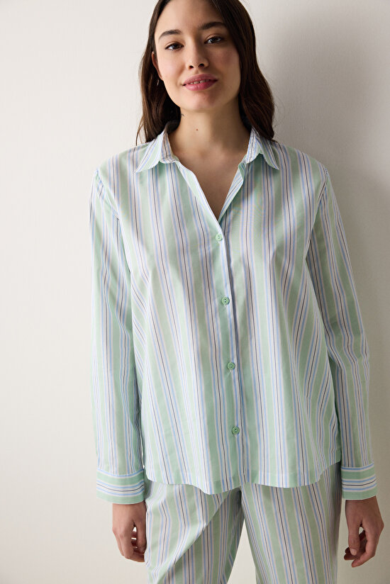 Perri Gömlek Pantolon Çizgili Açık Yeşil Pijama Takımı - 3