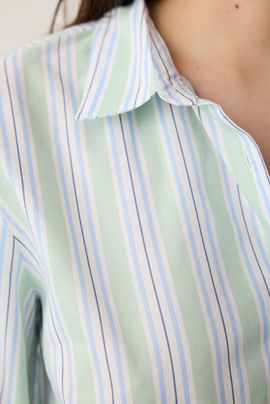 Perri Gömlek Pantolon Çizgili Açık Yeşil Pijama Takımı - 4