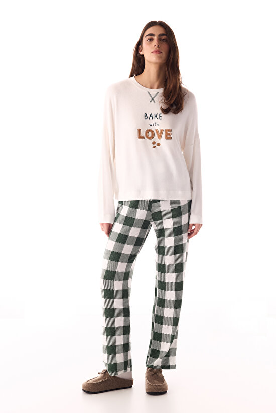Dark Green With Love Plaid Thermal Effect Pajama Bottoms - 3