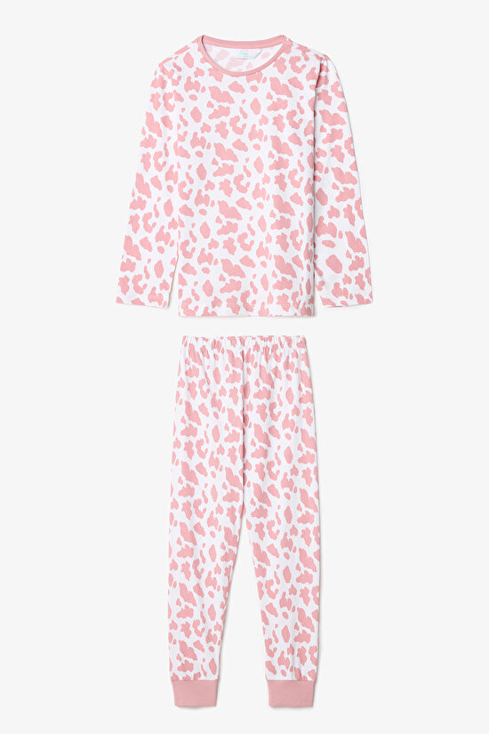 Pembe Kız Çocuk İnek Desenli Uzun Kollu Pamuklu 2li Pijama Takımı - 5