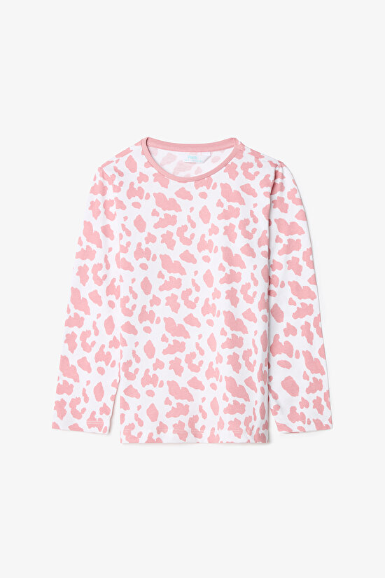 Pembe Kız Çocuk İnek Desenli Uzun Kollu Pamuklu 2li Pijama Takımı - 6