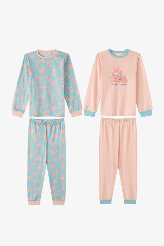 Kız Çocuk Mint Bunny Ride Pamuklu Uzun Kollu 2'li Pijama Takımı - 1