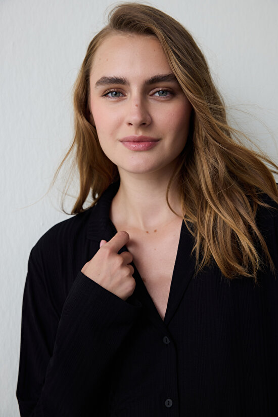 Black Ribbed Shirt Collar Long Sleeve Buttoned Pajama Set Black Ribbed Shirt Collar Long Sleeve Buttoned Pajama Set - 3
