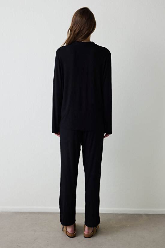Black Ribbed Shirt Collar Long Sleeve Buttoned Pajama Set Black Ribbed Shirt Collar Long Sleeve Buttoned Pajama Set - 5
