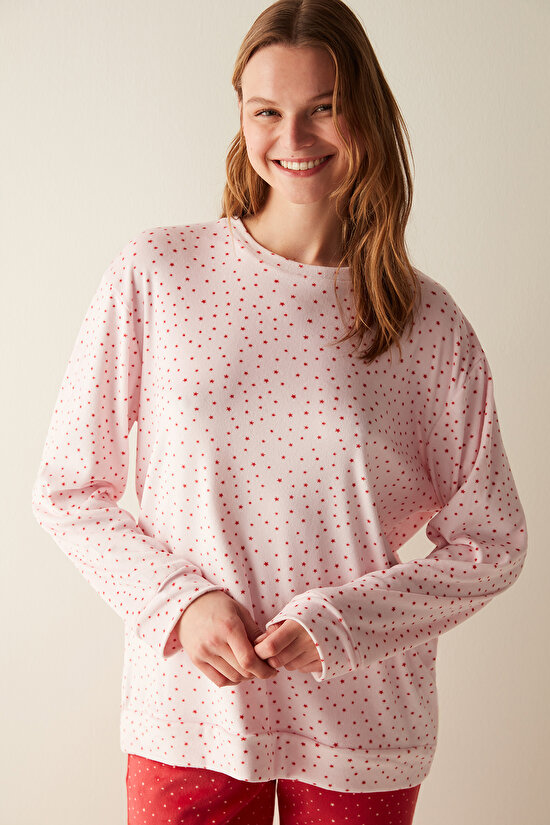 Yıldız Desenli Fuzzy Sweatshirt Pembe Pijama Üstü - 2