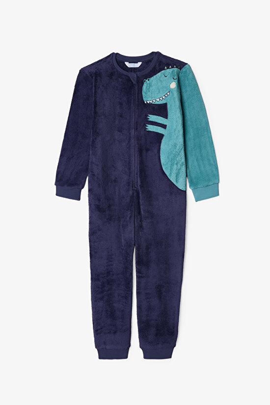 Dark Indigo Boys Dino Zippered Pajama Overalls - 4