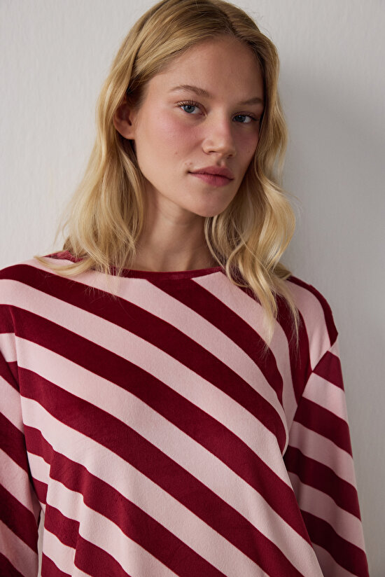 Gül Kurusu Winter Time Çizgili Bisiklet Yaka Pijama Takımı - 3