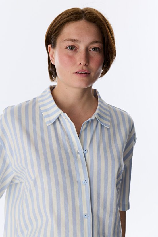 Mavi Cozy Club Çizgili Gömlek Pantolon Pijama Takımı - 2