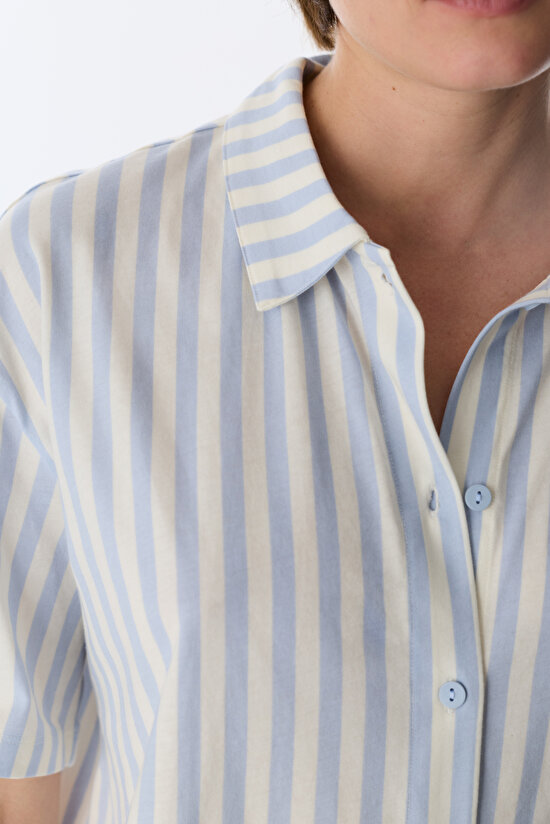 Mavi Cozy Club Çizgili Gömlek Pantolon Pijama Takımı - 3