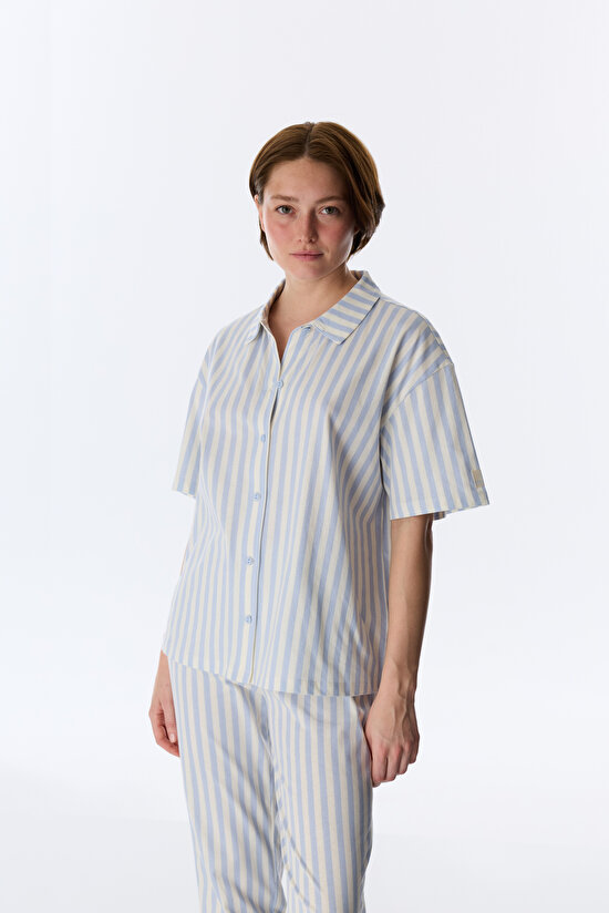 Mavi Cozy Club Çizgili Gömlek Pantolon Pijama Takımı - 4