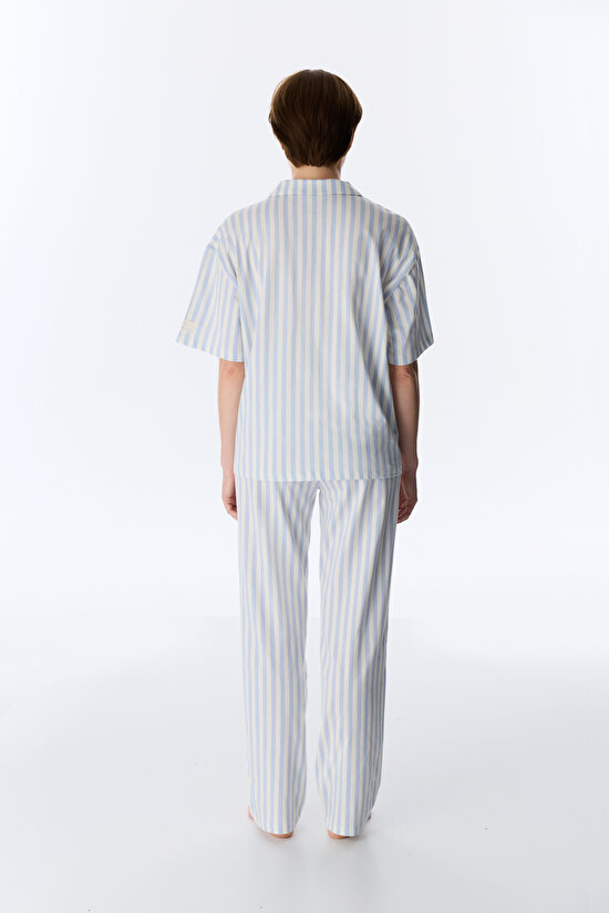 Mavi Cozy Club Çizgili Gömlek Pantolon Pijama Takımı - 5