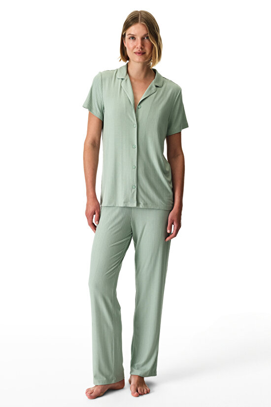 Light Green Alia Green Ribbed Shirt & Pants Pajama Set - 1