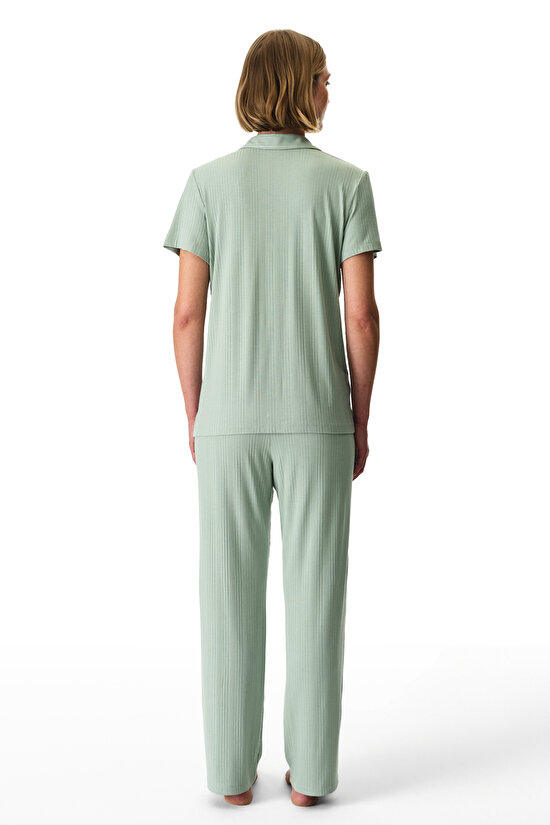 Light Green Alia Green Ribbed Shirt & Pants Pajama Set - 3