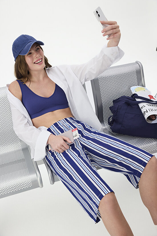 Lacivert Vacation Striped Şort Pijama Altı - 1