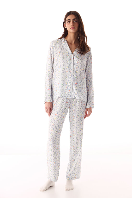 Off-White Cute Flowers Shirt & Pants Pajama Set - 1