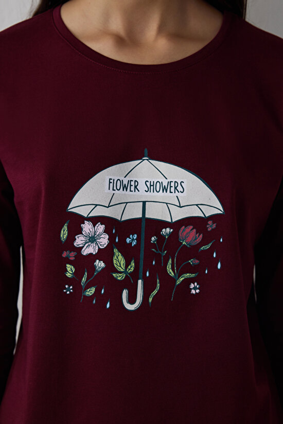 Bordo Flower Showers Pantolon Pijama Takımı - 3