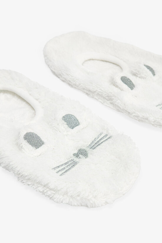 Kırık Beyaz Sevimli Kedi Nakışlı Ev Patiği - 3