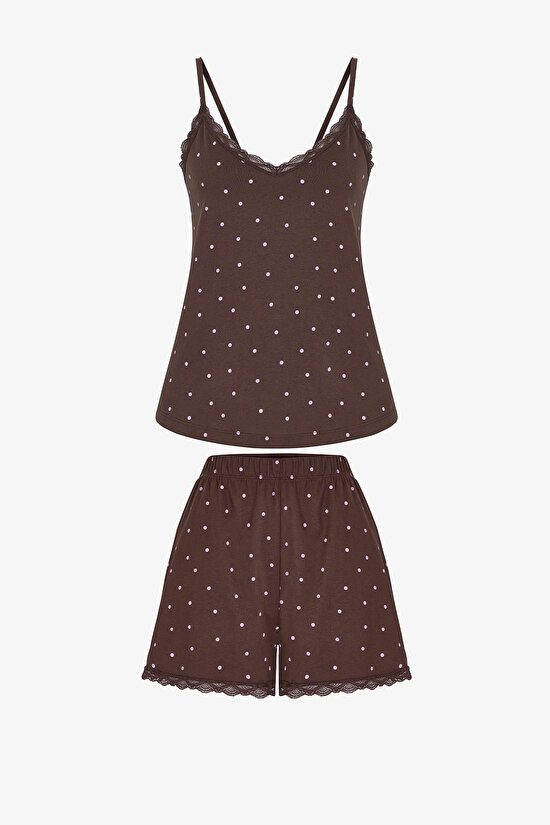 Brown Leila Dotted Shorts Pajama Set - 4