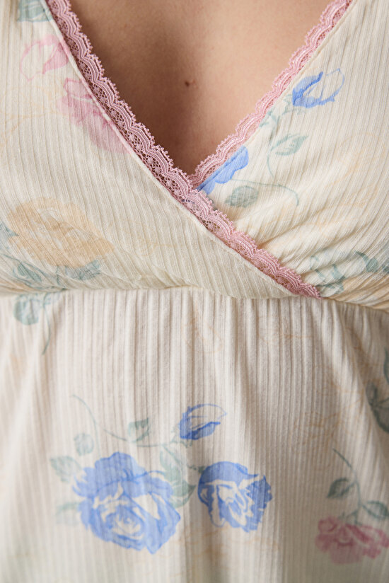 Marina Printed Ekru Tişört Pijama Üstü - 3