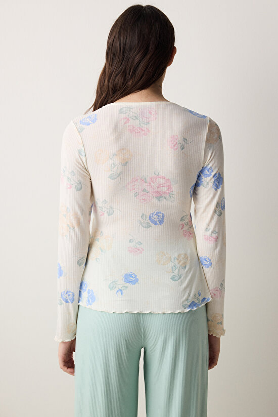 Marina Printed Ekru Tişört Pijama Üstü - 5