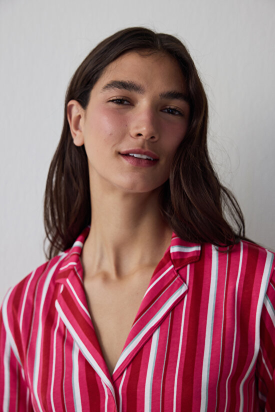 Fuşya Bloom Stripes Gömlek Pantolon Pijama Takımı - 3