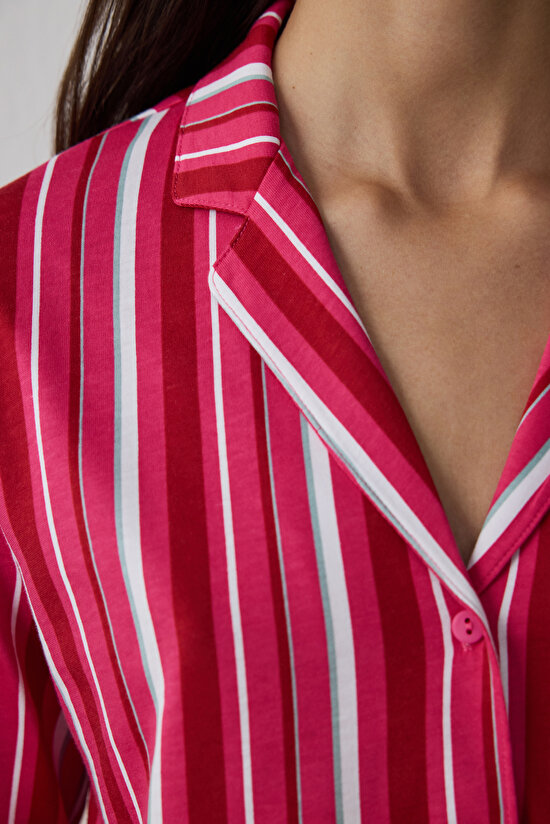 Fuşya Bloom Stripes Gömlek Pantolon Pijama Takımı - 4