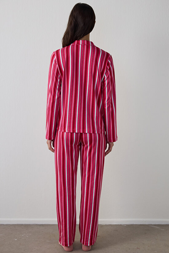Fuşya Bloom Stripes Gömlek Pantolon Pijama Takımı - 5