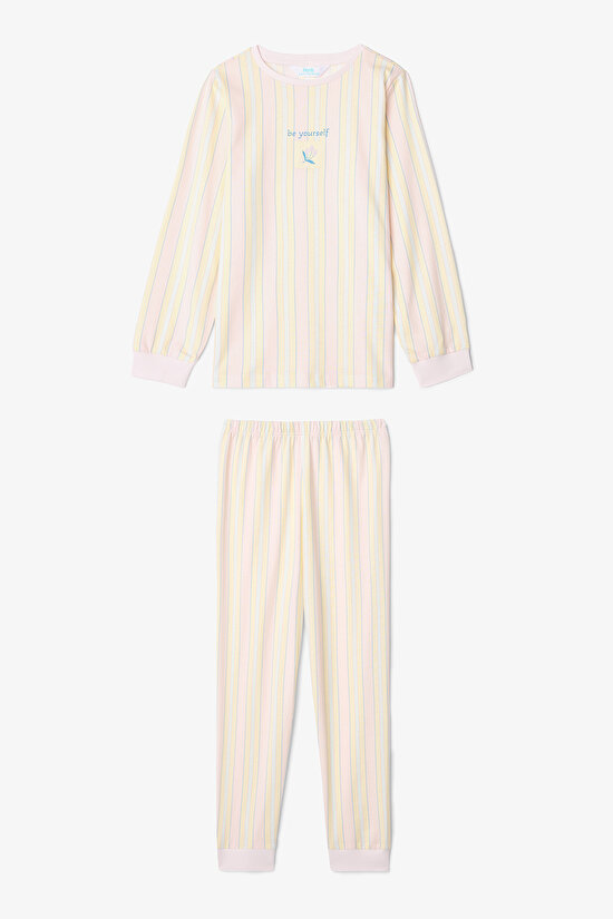 Optik Beyaz Kız Çocuk Çıtır Çiçek Desenli Uzun Kollu Pamuklu 2'li Pijama Takımı - 5