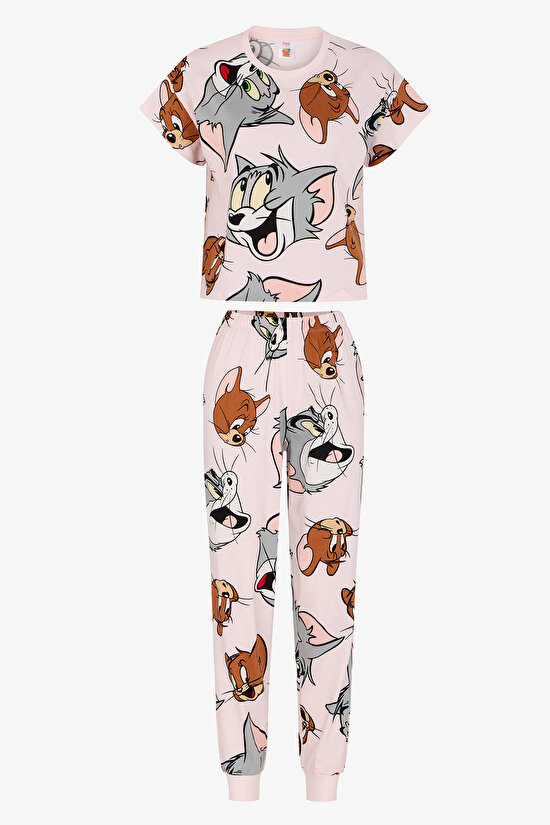 Lila Tom&jerry Kedi Desenli Pantolon Kısa Kollu Pijama Takımı - 1
