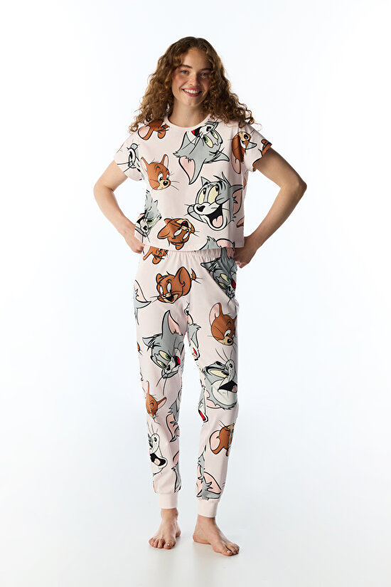 Lila Tom&jerry Kedi Desenli Pantolon Kısa Kollu Pijama Takımı - 2