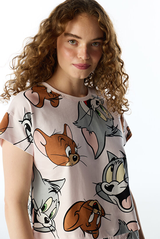 Lila Tom&jerry Kedi Desenli Pantolon Kısa Kollu Pijama Takımı - 3
