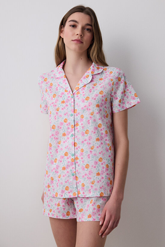 Travel Floral Gömlek Şort Çok Renkli Pijama Takımı - 1