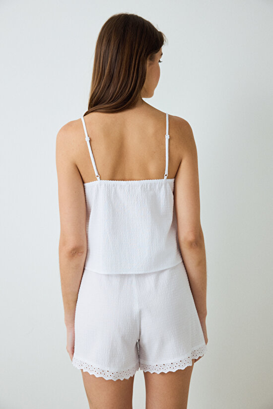 Optik Beyaz Alia Dantelli V Yaka Pamuklu Ayarlanabilir Askılı Şortlu Pijama Takımı - 5