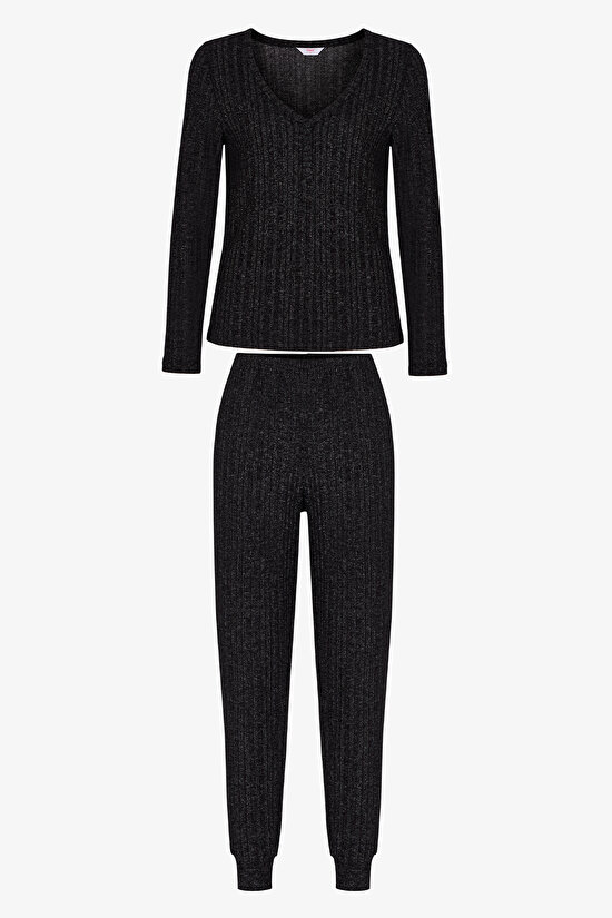 Black Dark Night Long Sleeve Pyjama Set with Trousers - 1