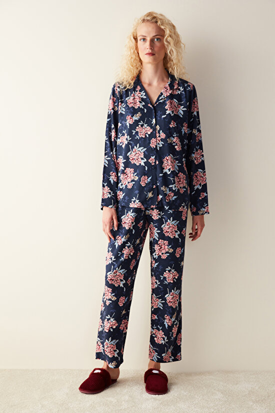 Concept Çiçek Desenli Gömlek Pantolon Lacivert Pijama Takımı - 1