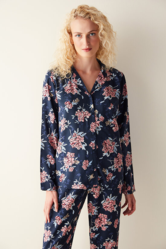 Concept Çiçek Desenli Gömlek Pantolon Lacivert Pijama Takımı - 3