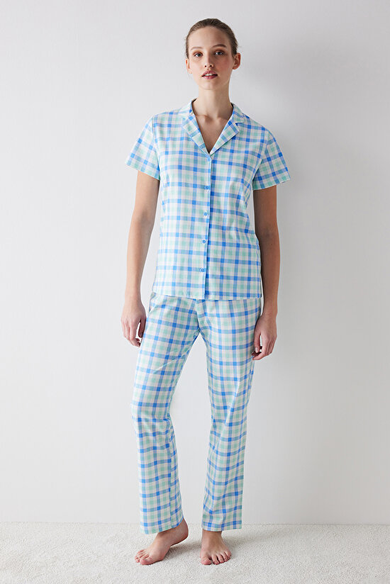 Colored Gingham Çok Renkli Gömlek Pantolon Pijama Takımı - 1