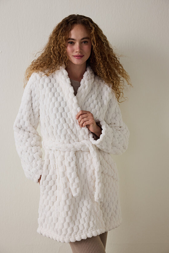 Kırık Beyaz Dreamy Fluffy Kuşaklı Sabahlık - 1