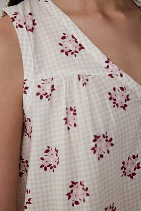 Taş Rengi Freya Çiçek Desenli V Yaka Düğmeli Pamuklu Askılı Gecelik - 3