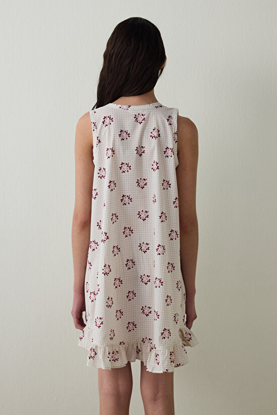 Taş Rengi Freya Çiçek Desenli V Yaka Düğmeli Pamuklu Askılı Gecelik - 4